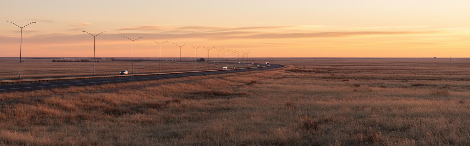 A divided highway crossing prairie east of Denver at first light, a row of road lights curving toward the horizon
