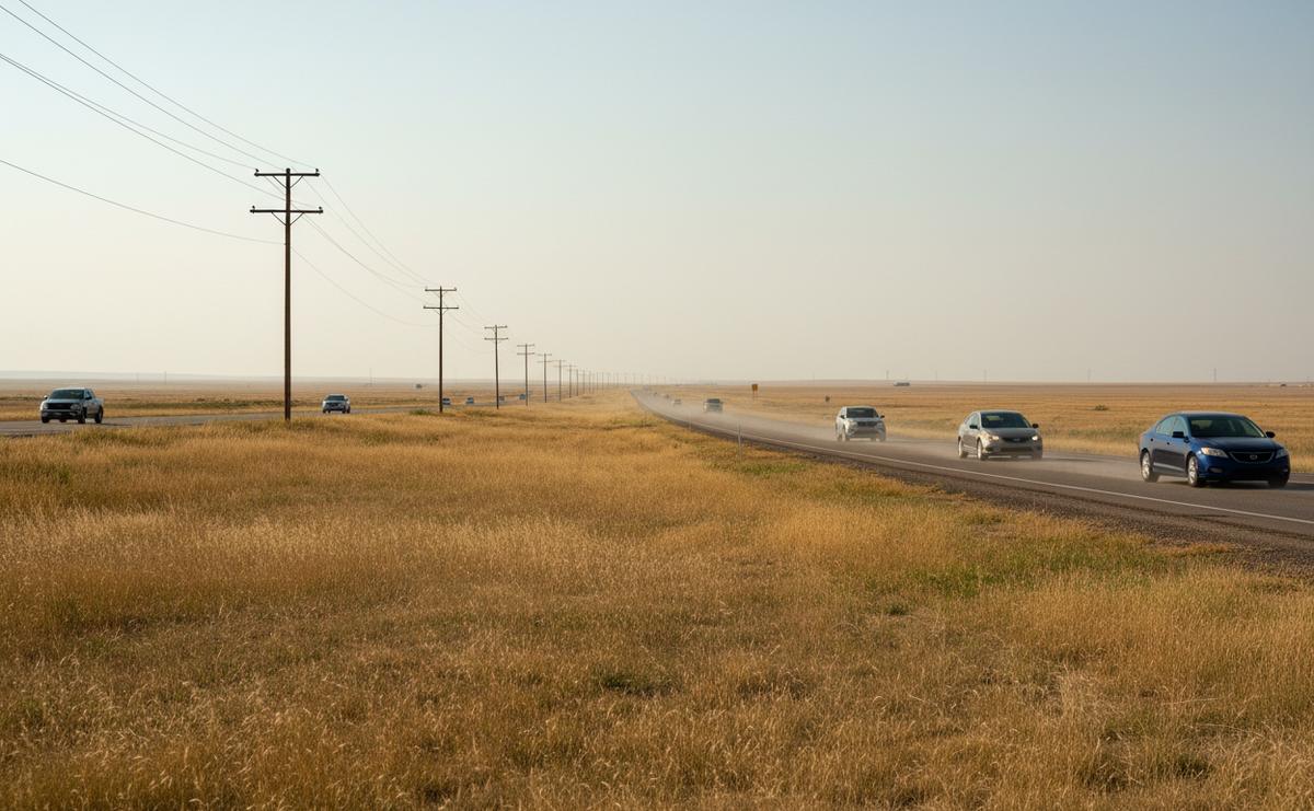 Dry tawny prairie grass beside a highway on a hazy late summer afternoon east of Denver, power lines into the distance