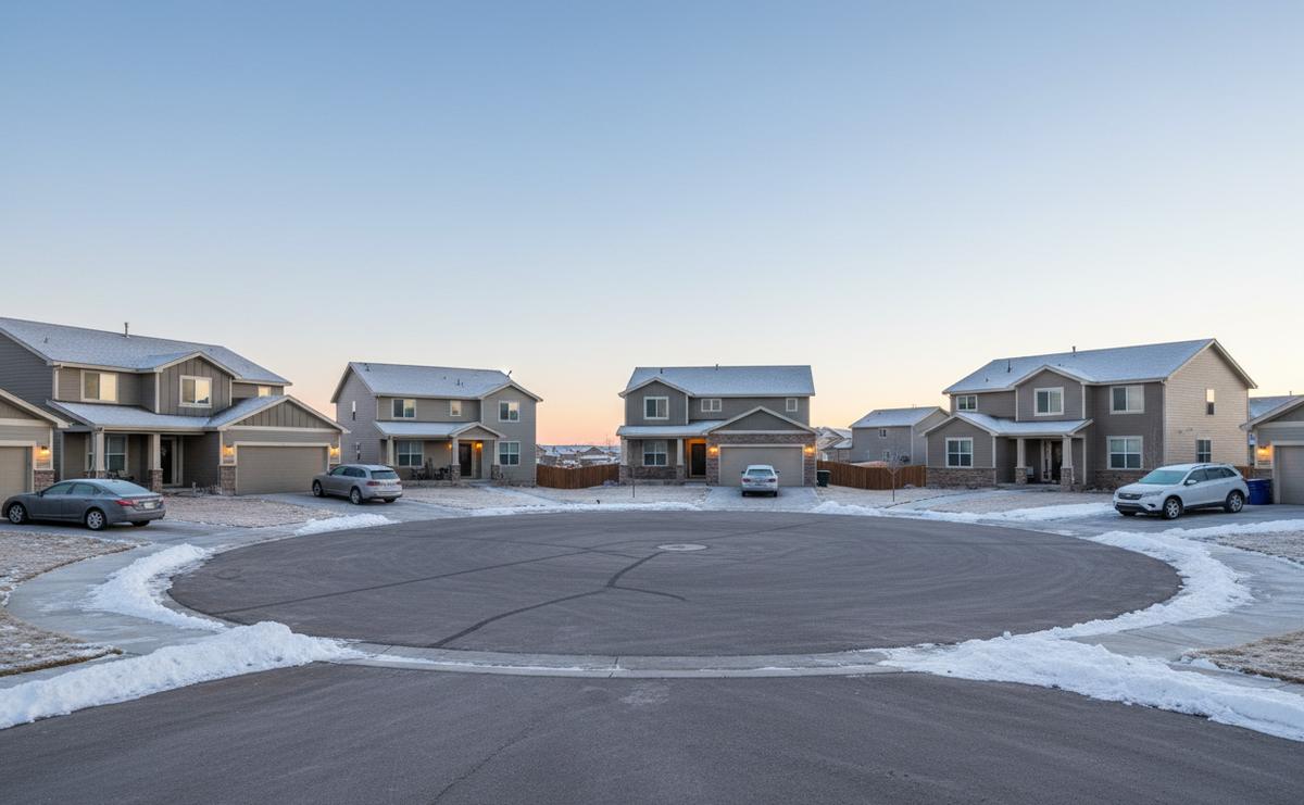 A frozen Aurora cul-de-sac before sunrise, frost on parked cars and hard snow along the curb