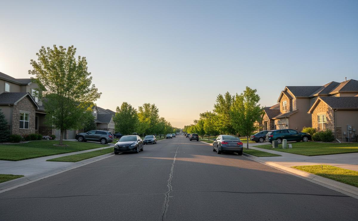 A quiet Colorado residential street at dawn in June, low warm light and long tree shadows across the road