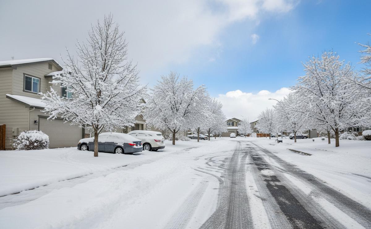 A residential Colorado street after a heavy wet snowfall, young trees loaded with snow, parked cars under a white layer and tire tracks down the road