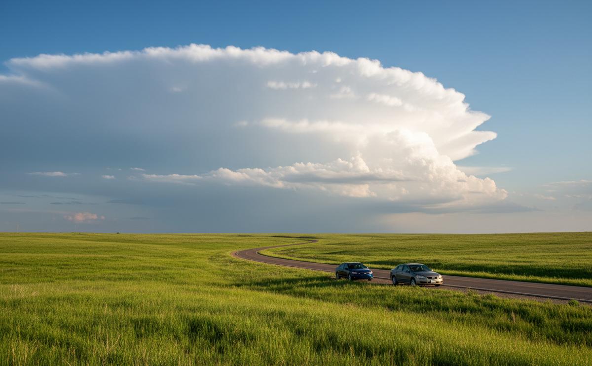Green prairie at the edge of Aurora under a tall afternoon thunderhead, a quiet road crossing the grass
