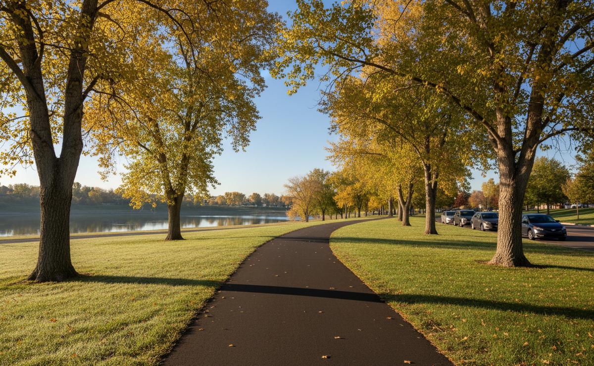 A park path by a reservoir in Aurora on a clear September morning, cottonwoods just turning yellow